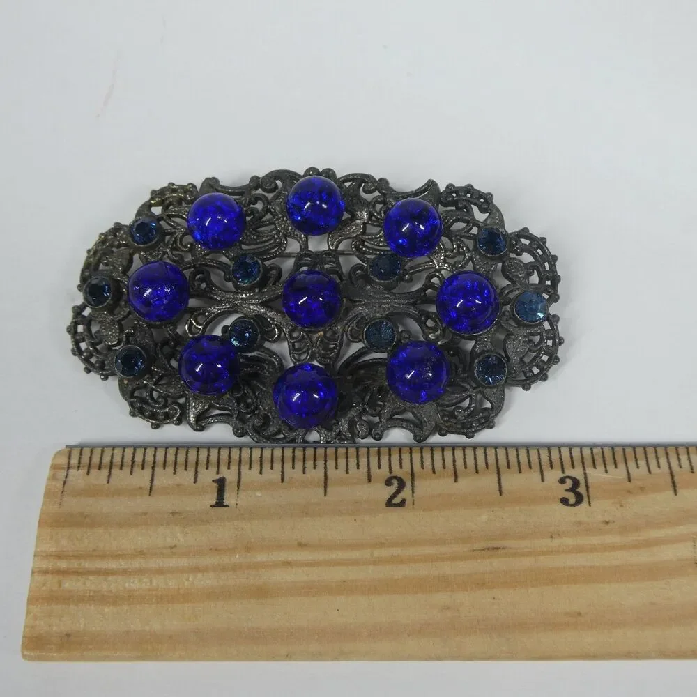 Silver Filigree Blue Rhinestone & Glass Crystal Brooch Antique Pin Czech?